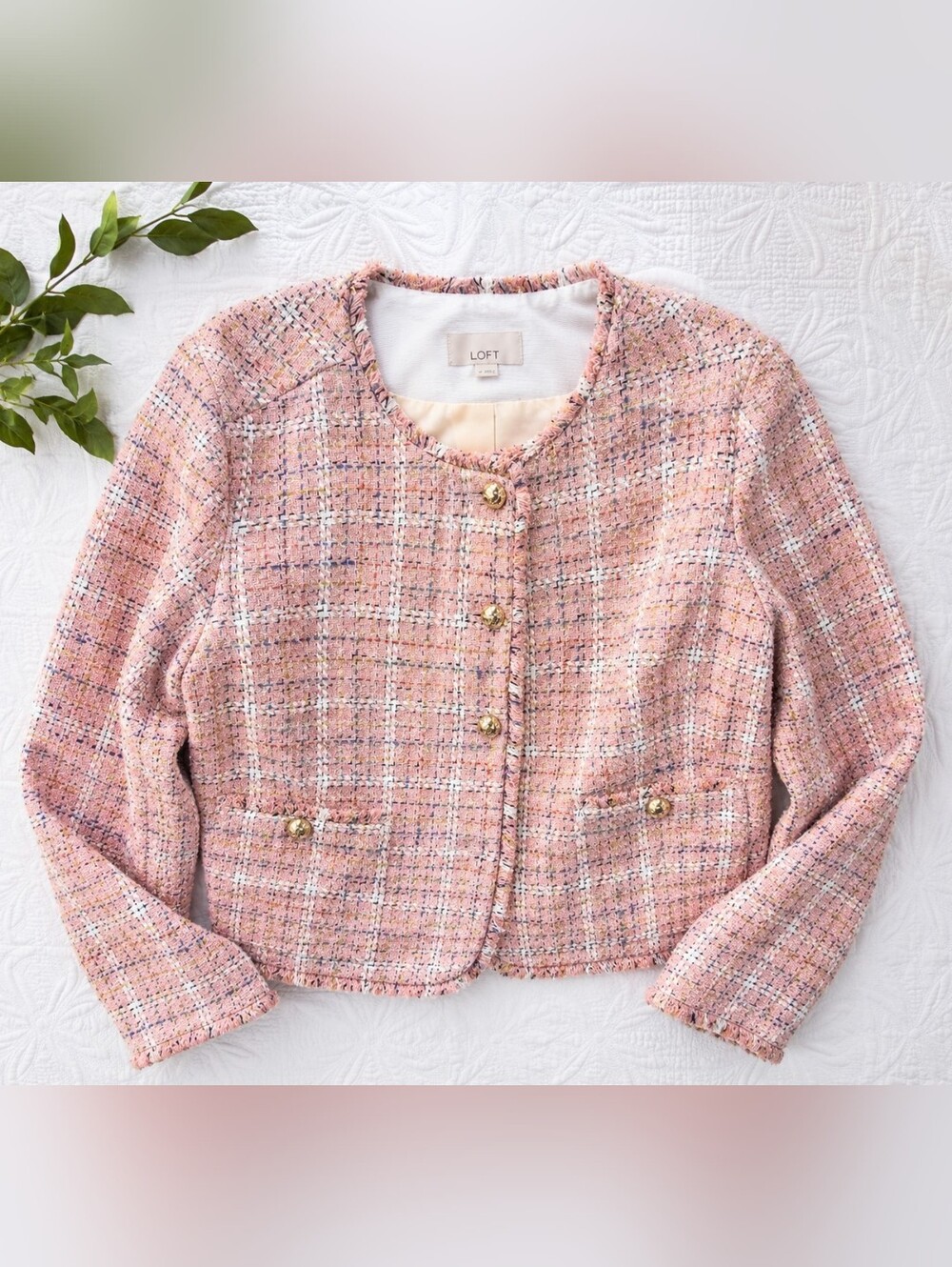 LOFT Pink Tweed Boucle Cropped Jacket Blazer. Size M Old Money, Preppy, Office